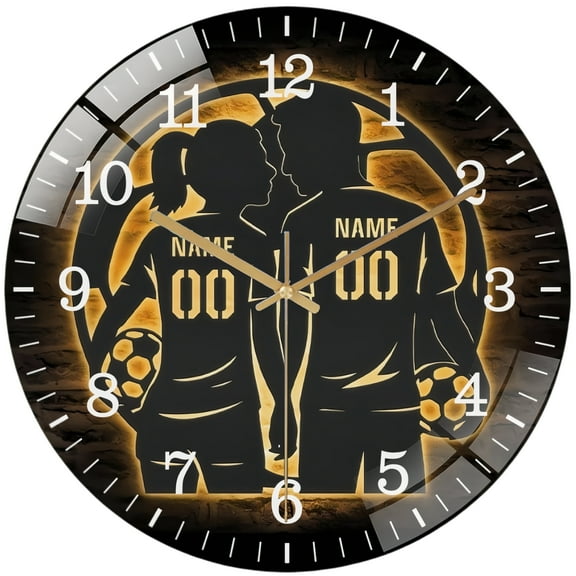 Decorative Clocks： Couple Soccer Glass Wall Clock, Football Player Lover  Wall Clock for Homes, Bars, Offices,  Caves, Garages, And Living Rooms. Also Makes A Great Gift. Style 12×12inch(30×30cm)