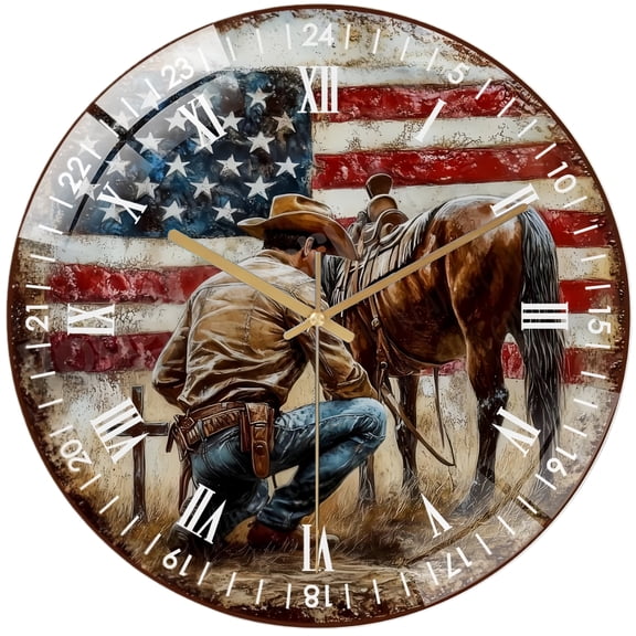 Decorative Clocks: Cowboy And Horse with Flag  Glass Wall Clock,  Patriotic Cowboy Decor Wall Clock  for Homes, Bars, Offices, Man Caves, Garages, And Living Rooms. Style 12×12inch(30×30cm)