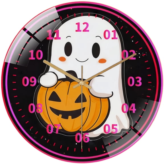 Decorative Clocks: Cute Ghost Holding A Pumpkin Hallo Ween Glass Wall Clock, Trick Or Treat Decor Wall Clock for Homes, Bars, Offices, Man Caves, Garages, And Living Rooms .Also Makes A Great Gift.