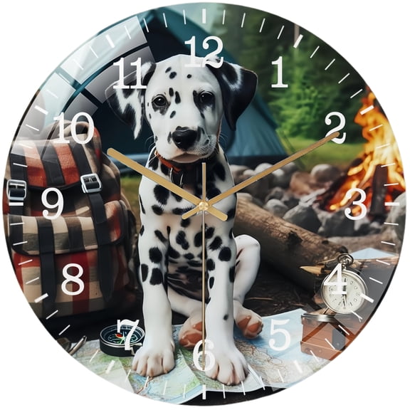 Decorative Clocks: Dalmatian Camping Dog Glass Wall Clock ,Nature Dog Lover Wall Clock for Homes, Bars, Offices, Man Caves, Garages, And Living Rooms. .Also Makes A Great Gift.Perfect Gift Style 1