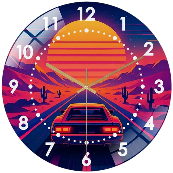 Decorative Clocks: Desert Drive 1984, Retro Arcade Sunset Glass Wall Clock, Vaporwave Road Trip Aesthetic Decor Wall Clock for Homes, Bars, Offices, Man Caves, Garages, And Living Rooms .Also Makes