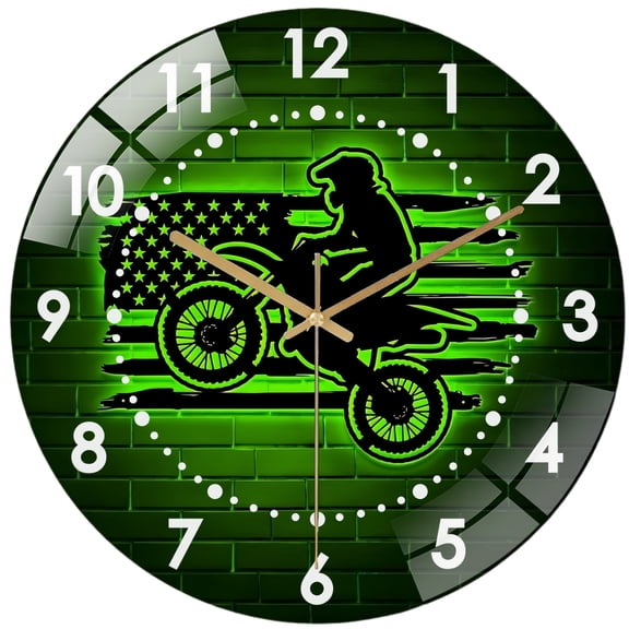 Decorative Clocks: Dirt Bike American Flag- Sport Glass Wall Clock ,Motocross Wall Art Wall Clock for Home Decor, Christmas Gift . Game Room, Cave, Party Decor, Motorcycle Decor Rider Decoration