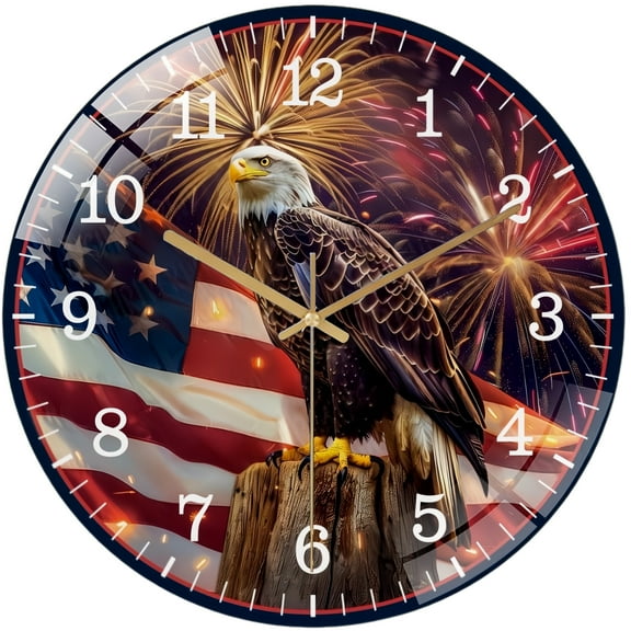 Decorative Clocks: Eagle Patriotic Fireworks Glass Wall Clock, Eagle Decor Wall Clock for Homes, Bars, Offices, Man Caves, Garages, And Living Rooms .Also Makes A Great Gift. Style 12×12inch