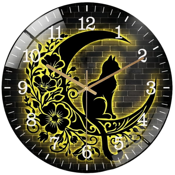 Decorative Clocks Floral Cat on The Crescent Moon Sunflower Glass Wall Clock, Floral Moon Cat Decor Wall Clock for Homes, Bars, Offices, Man Caves, Garages, And Living Rooms. Hallo Ween Gift .Also