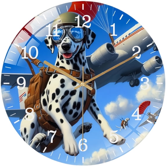 Decorative Clocks: Funny Dalmatian Skydiving Glass Wall Clock ,Dog Lover Wall Clock for Homes, Bars, Offices, Man Caves, Garages, And Living Rooms. Style 12×12inch