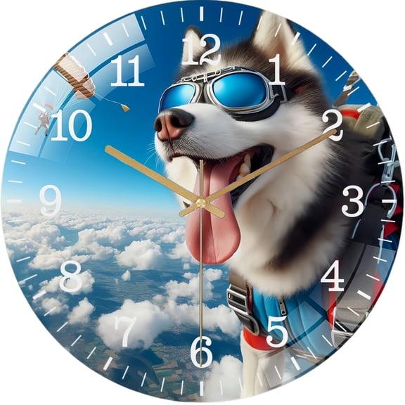 Decorative Clocks: Funny Husky Skydiving Glass Wall Clock ,Dog Skydiving Collection Wall Clock ，Dog Lover  Wall Clock  for Homes, Bars, Offices, Man Caves, Garages, And Living Rooms. Style 12×12inch