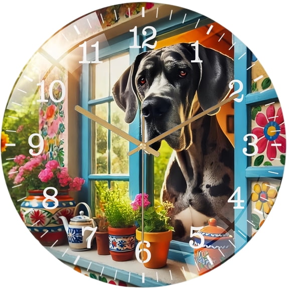 Decorative Clocks: Great Dane in Window Dog Glass Wall Clock ,Dog Lover Wall Clock for Homes, Bars, Offices, Man Caves, Garages, And Living Rooms. .Also Makes A Great Gift.Housewarming Gift Style 1