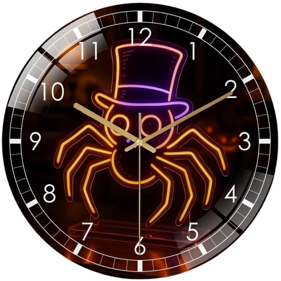 Decorative Clocks: Hallo-ween Spider in Hat Glass Wall Clock– Spooky Glass Wall Clock for Haunted House & Party Decor for Homes, Bars, Offices, Man Caves, Garages, And Living Rooms .Also Makes A Gre