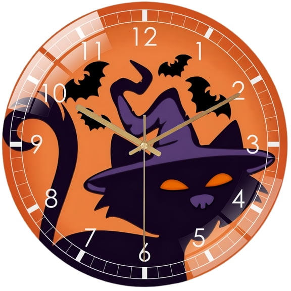 Decorative Clocks: Hallo-ween Welcome Black Cat Glass Wall Clock,Witch Hat Decor Wall Clock for Homes, Bars, Offices, Man Caves, Garages, And Living Rooms .Also Makes A Great Gift. Style 12×12inch(