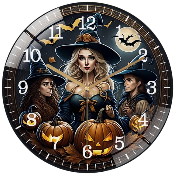 Decorative Clocks: Hallo-ween Witches Glass Wall Clock, Hallo-ween Decor Wall Clock for Homes, Bars, Offices, Man Caves, Garages, And Living Rooms. Also Makes A Great Gift.