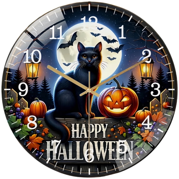 Decorative Clocks：Happy Halloween Black Cat Glass Wall Clock , Jack O Lantern Wreath Glass Wall Clock for Homes, Bars, Offices, Man Caves, Garages, And Living Rooms