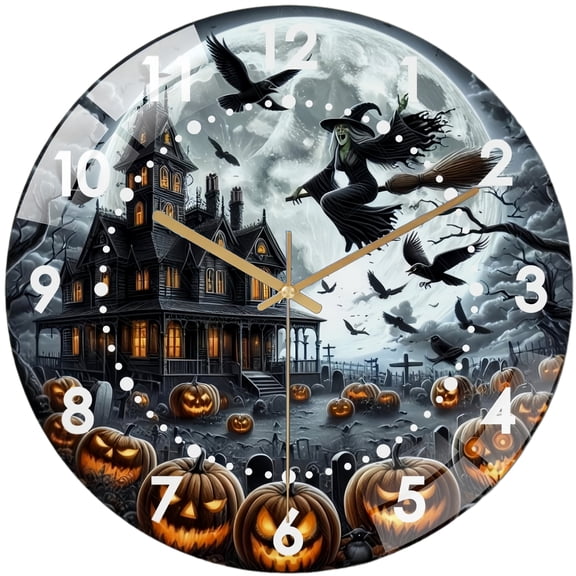 Decorative Clocks: Haunted House with Witch Halloween- Glass Wall Clock,Halloween- Decor Wall Clock for Homes, Bars, Offices, Man Caves, Garages, And Living Rooms .Also Makes A Great Gift. Style 12×