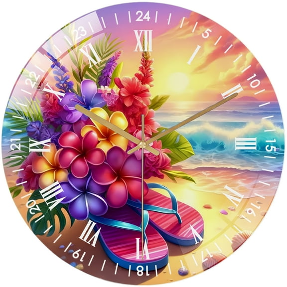 Decorative Clocks: Hello Summer Flip- Flop And Hibiscus  Glass Wall Clock,Flip- Flop Summer Decor Wall Clock  for Homes, Bars, Offices, Man Caves, Garages, And Living Rooms .Also Makes A Great Gift.