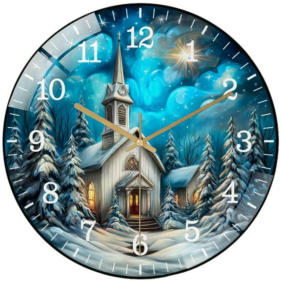 Decorative Clocks: Holiday White Church in The Snow Glass Wall Clock, Winter Christmas Decor Wall Clock for Homes, Bars, Offices, Man Caves, Garages, And Living Rooms .Also Makes A Great Gift.