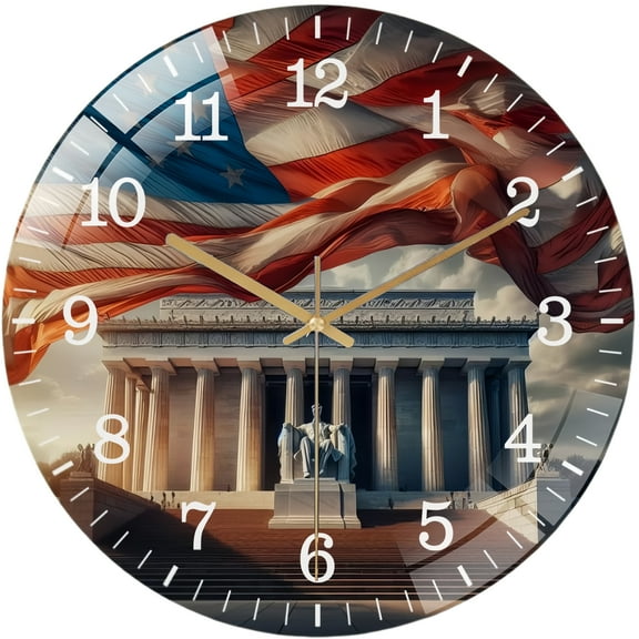 Decorative Clocks: Lincoln Memorial Glass Wall Clock, American Flag USA Wall Clock, for Homes, Bars, Offices, Man Caves, Garages, And Living Rooms. Style 12×12inch(30×30cm)