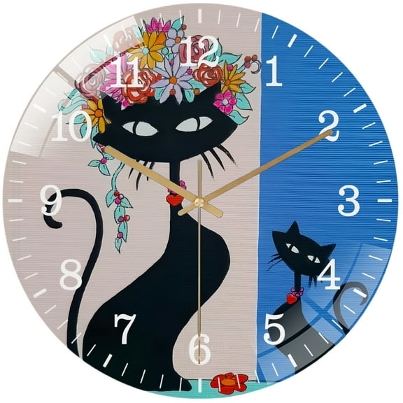 Decorative Clocks: Mid Century Black Cats with Flower Hat, Cat Art Glass Wall Clock, Black Cats Wall Clock, Art for Cat Lovers Decor Wall Clock for Homes, Bars, Offices, Man Caves, Garages, And Livi