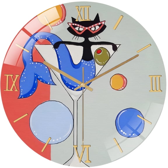 Decorative Clocks： Mid Century Happy Hour Mermaid Kitty in A Martini Glass Wall Clock, Mermaid Kitty  Wall Clock, Art for Cat Lovers Decor Wall Clock for Homes, Bars, Offices, Man Caves, Garages,