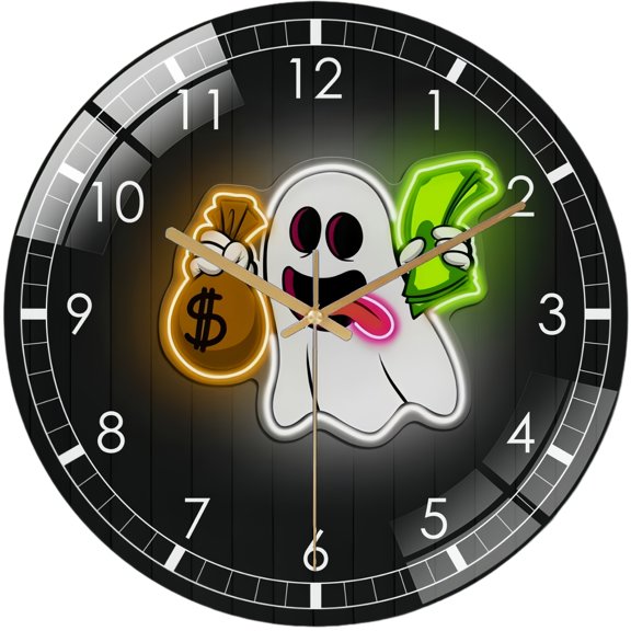 Decorative Clocks: Money Gho St Glass Wall Clock ,Gho St Art Wall Clock for Home Decor, Money-Themed Room Decor, Ghost- Wall Art, Kids' Bedroom Light, Party Decor, Money Bag Wall Clock