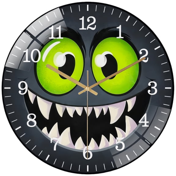 Decorative Clocks: Monster Face with Green Eyes Glass Wall Clock,  Colorful Monster Decor Wall Clock  for Homes, Bars, Offices, Man Caves, Garages, And Living Rooms .Also Makes A Great Gift. Style 12