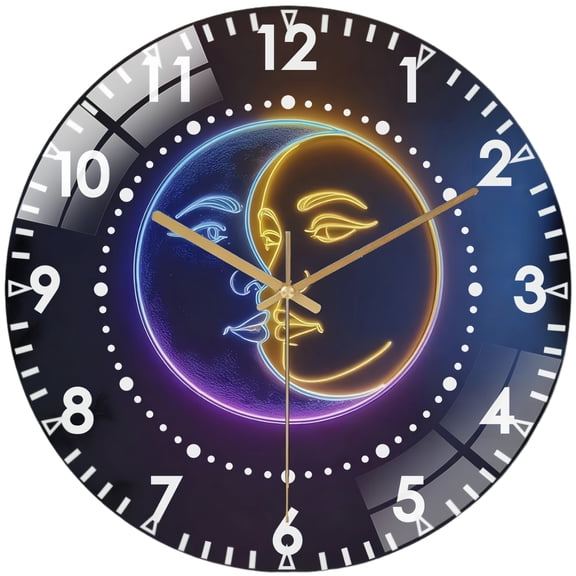 Decorative Clocks: Moon And Sun Neon Glass Wall Clock, Moon Room Decor Wall Clock for Homes, Bars, Offices, Man Caves, Garages, And Living Rooms .Also Makes A Great Gift. Style 12×12inch(30×30cm)