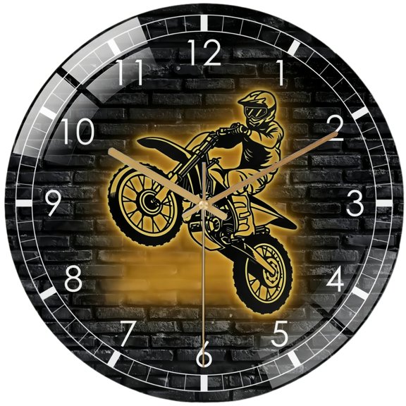 Decorative Clocks: Motocross Biker  Wall Art  Glass Wall Clock ，Dirt Bike Wall Clock for Home Decor, Christmas Gift for Bedroom, Game Room, Man Cave, Party Decor, Off Road Game Room Wall Decor