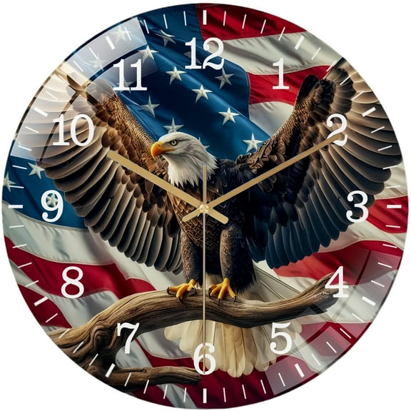 Decorative Clocks: Patriotic Eagle on Branch Glass Wall Clock, American Flag Patriotic Holiday Wall Clock, for Homes, Bars, Offices, Man Caves, Garages, And Living Rooms. Hallo Ween Gift .Also Make
