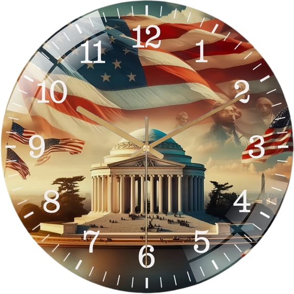 Decorative Clocks: Patriotic Jefferson Memorial Glass Wall Clock, American Flag Patriotic Holiday Wall Clock, for Homes, Bars, Offices, Man Caves, Garages, And Living Rooms. Style 12×12inch(30×30cm