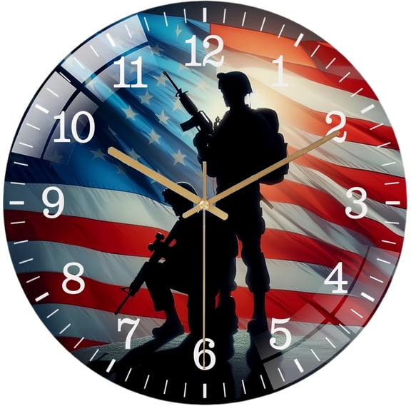 Decorative Clocks: Patriotic Soldiers Shadow Glass Wall Clock .patriotic American Glass Wall Clock,Honor Our Troops Wall Clock. Gift for Her . Home Decor Wall Clock Style 12×12inch(30×30cm)