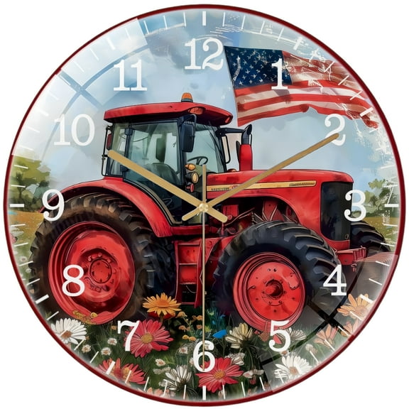 Decorative Clocks: Patriotic Tractor With Flag Glass Wall Clock, Patriotic Decor Wall Clock for Homes, Bars, Offices, Man Caves, Garages, And Living Rooms .Also Makes A Great Gift. Style 12×12inch