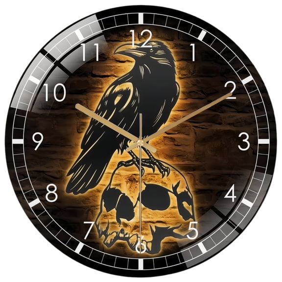Decorative Clocks: Raven Glass Wall Clock– Row on Skull Decor Wall Clock for Home Decor Black Horror Bird Decoration Man Cave Hanging Door Housewarming Hallo-ween Gift Style 12×12inch(30×30cm)