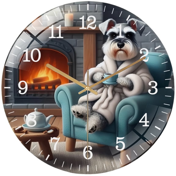 Decorative Clocks: Schnauzer in A Bathrobe Drinking Coffee Sitting in Captains Chair in Front of A Fireplace on A Glass Wall Clock ,Dog Lover Wall Clock for Homes, Bars, Offices, Man Caves, Garages