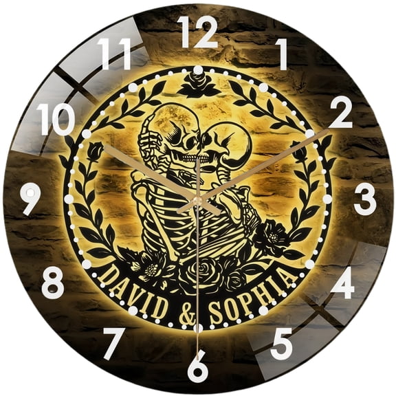 Decorative Clocks: Skeleton Couple Kissing with Roses Glass Wall Clock– Skeleton Couple Wall Clock for Home Decor Wedding Gift Decor. Hallo-ween Valentine Gift, Skull Lover Gift, Gothic Home Decor,