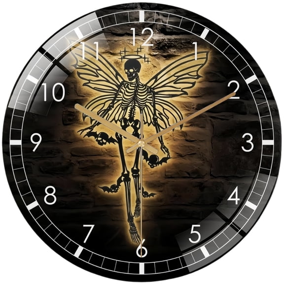 Decorative Clocks: Skeleton Fairy Skull  Glass Wall Clock– Gothic Princess Decor Wall Clock for Haunted House & Party Decor for Homes, Bars, Offices, Man Caves, Garages, And Living Rooms .esthetic