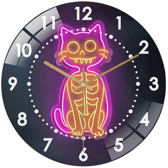 Decorative Clocks: Spooky Skeleton Cat Glass Wall Clock Fun Kitten Hallo-ween Wall Clock for Home Decor Wedding Gift Decor. Man Cave Hanging Door Housewarming Hall-oween Gift Style 1212inch