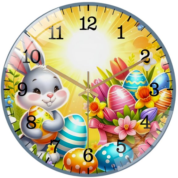 Decorative Clocks: Spring Time Easter Bunny Sunrise Decorative Glass Wall Clock ,Round Rabbit Wall Clock for Homes, Bars, Offices, Man Caves, Garages, And Living Rooms. Also Makes A Great Gift. Sty