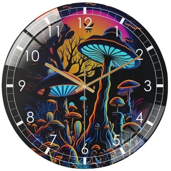 Decorative Clocks: Trippy- Mushroom Forest Blacklight- Glass Wall Clock, Neon Style Art Print Wall Clock for Homes, Bars, Offices, Caves, Garages, And Living Rooms .Also Makes A Great Gift.