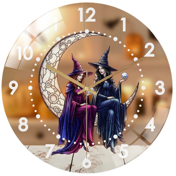 Decorative Clocks: Two Witches On The Moon Glass Wall Clock, Hallo-ween Decor Wall Clock, Scary Decor, Spooky Home Decor, Hallo-ween Gift Style 12×12inch(30×30cm)