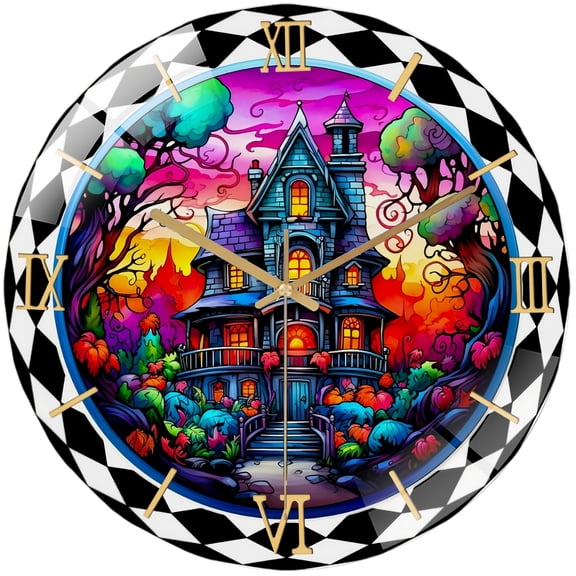 Decorative Clocks: Vibrant Hallo-ween Haunted House  Glass Wall Clock ,Spooky Decor Wall Clock for Homes, Bars, Offices, Man Caves, Garages, And Living Rooms. Hallo-ween Gift Style 12×12inch(30×30cm)