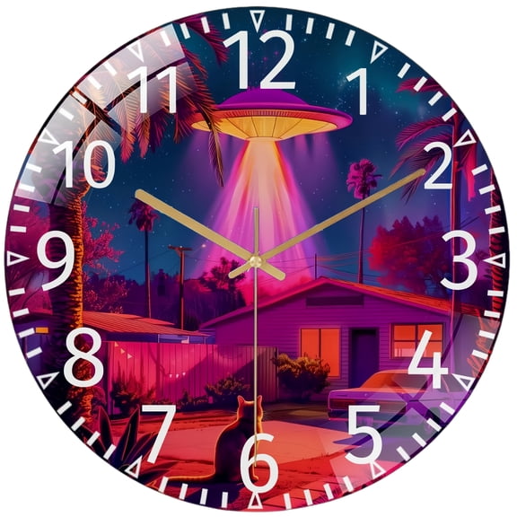 Decorative Clocks: Vintage Neon Cat And UFO Glass Wall Clock, Retro-Futuristic Home Decor And Gift Wall Clock for Homes, Bars, Offices, Man Caves, Garages, And Living Rooms .Also Makes A Great Gift.