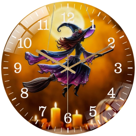 Decorative Clocks: Witch on Broom Glass Wall Clock, Witch Hallo-ween Decorations Wall Clock, Scary Decor, Spooky Home Decor, Hallo-ween Gift Style 12×12inch(30×30cm)