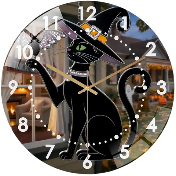 Decorative Clocks: Witch Cat Stained Glass Wall Clock, Halloween- Black Cat & Bat Window Decor Wall Clock for Homes, Bars, Offices, Man Caves, Garages, And Living Rooms .Also Makes A Great Gift.