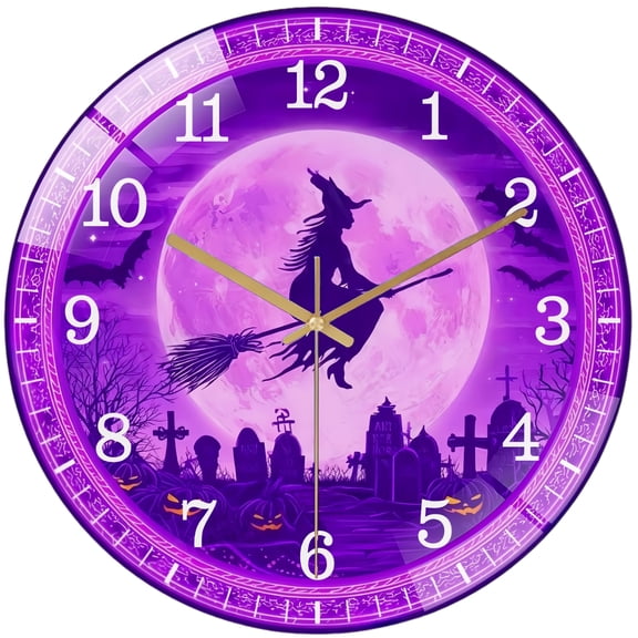 Decorative Clocks: Witch Flying on A Broom in Front of A Full Moon Glass Wall Clock, Hallo Ween Fall Decor Wall Clock for Homes, Bars, Offices, Man Caves, Garages, And Living Rooms .Also Makes