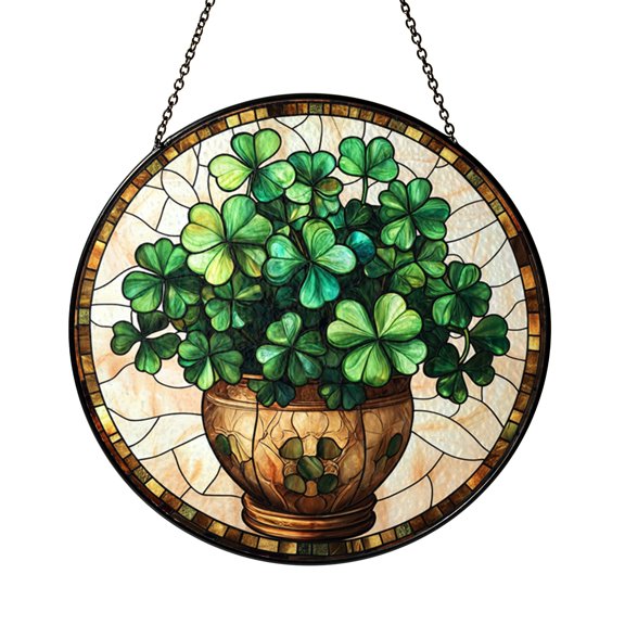 Decorative Clover Leaf Stained Glass Suncatcher Window Hanging, Botanical Window Ornament with Green Leaf Design