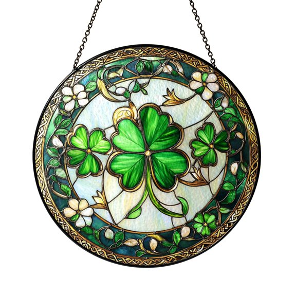 Decorative Clover Stained Glass Suncatcher Window Hanging Decor, Green Four Leaf Clover and Floral Vine Art Glass Panel, Botanical Garden Design Decorative Window Ornament for Nature Home Gift