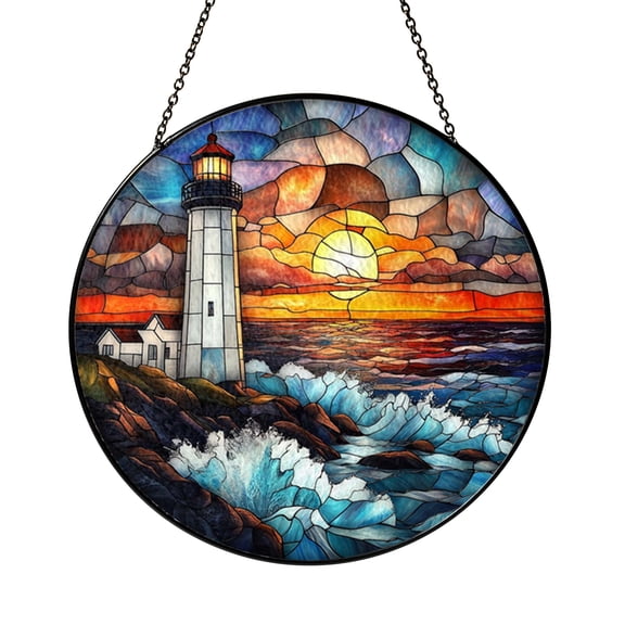 Decorative Coastal Acrylic Stained Glass Style Window Hanging, Lighthouse Art Panel, Acrylic Window Decor for Ocean Inspired Home Accent