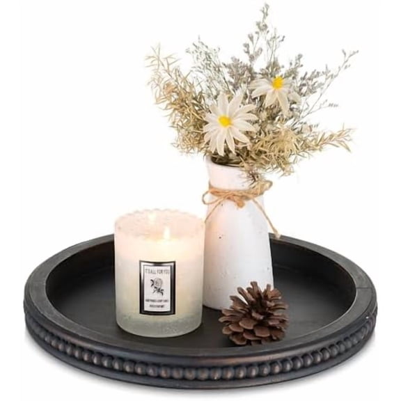 Decorative Coffee Table Tray: Modern Farmhouse Beaded Round Tray Decor Rich Dark Brown Circle Wooden Ottoman Serving Platter for Centerpieces Kitchen Counter Bathroom