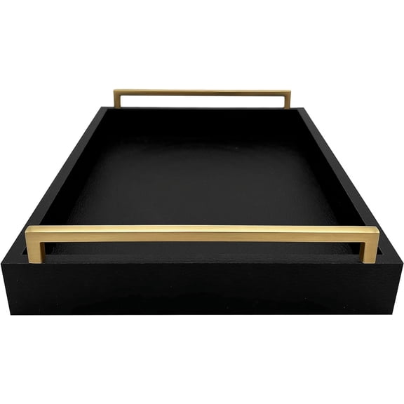 Decorative Coffee Table Tray - Shagreen Faux Leather - Ottoman Tray - Breakfast, Drinks, Liquor Serving Tray - Farmhouse to Modern - Brushed Champagne Gold Handles (Pitch Black)