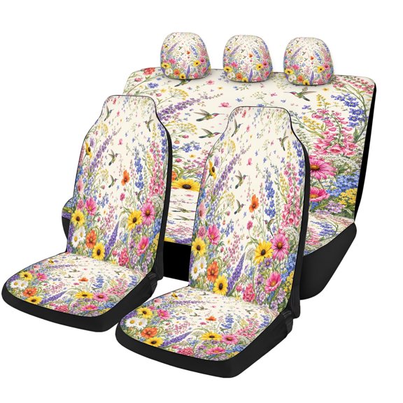 Decorative Colorful Field Flower Car Seat Covers Full Set, Universal Auto Seat Covers with Front Seat Covers, Rear Bench Cover and Headrest Covers for Cars SUVs Trucks Vans