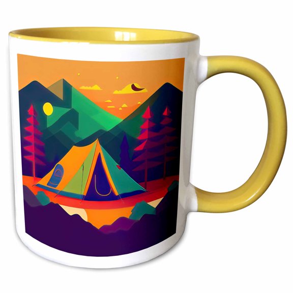 3drose, Decorative Colorful Image of a Tent and Mountains. Happy Camper Gift, 11oz Two-tone Yellow Mug