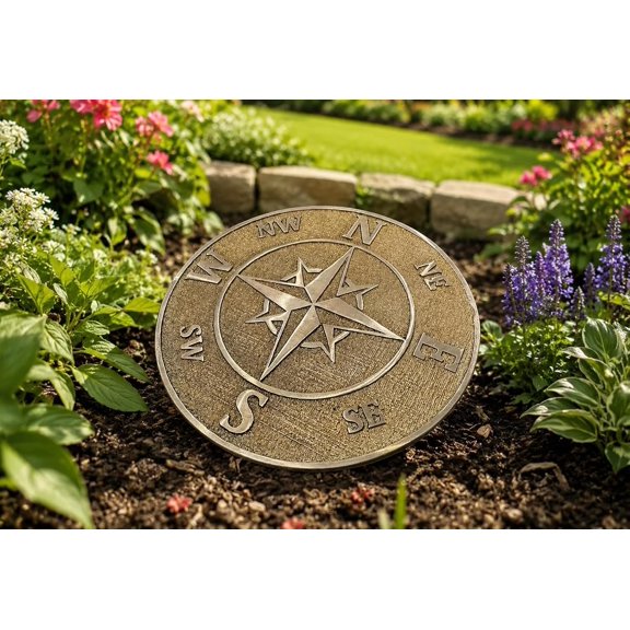 Decorative Compass Rose Garden Plaque – Outdoor Ground Marker, Cast Brass Directional Compass, Weather Resistant Landscape & Patio Decor, Garden Path Accent (10 Inch)
